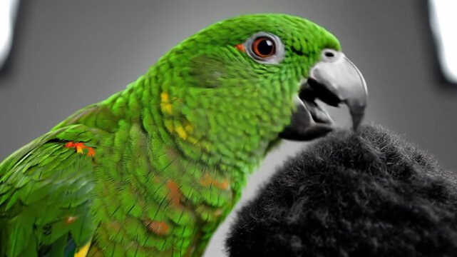 Green Parrot with Black Fur - A Colorful Contrast.