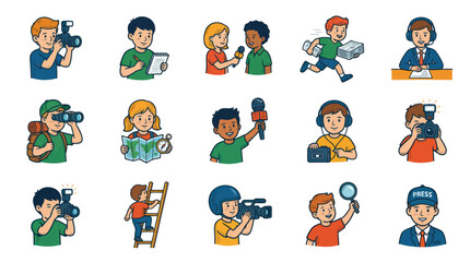 Fototapeta premium Cartoon Media Characters: Reporters, Photographers, Adventurers, Flat Style Icons