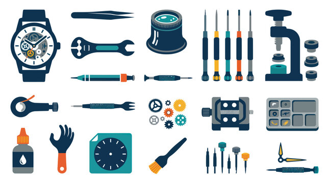 Flat Vector Watch Repair Tools Kit Illustration. Horology Maintenance Equipment and Small Gears Collection
