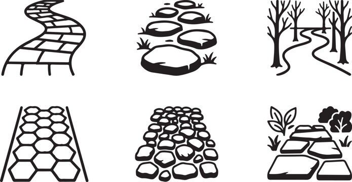 Six different types of garden path designs in black and white Vector