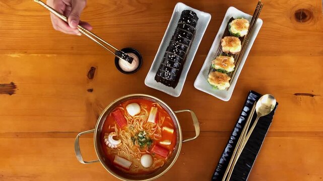 Top down view of hands using gold chopsticks to dip a piece of gimbap into sauce. The wooden table is filled with Korean spicy ramen noodles in a gold pot, sushi rolls, and dim sum