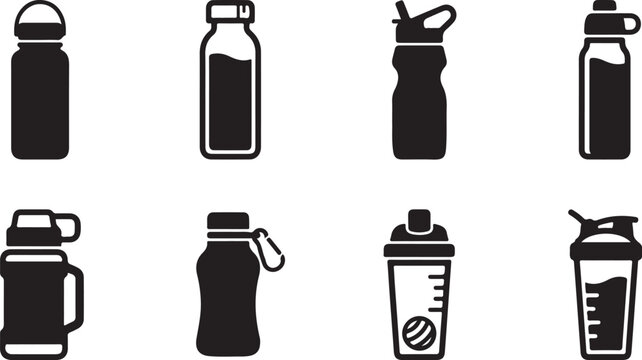 Eight different types of water bottles and shakers icon set Vector