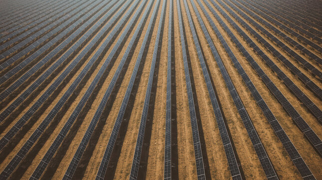 Aerial solar farm with endless rows of panels creating rhythmic patterns and warm light