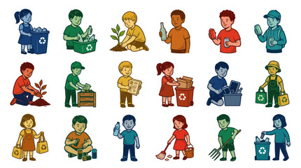 Fototapeta premium Kids Environmental Activities Flat Cartoon Vector Illustration Set. Children Recycling, Planting, Eco-Friendly.