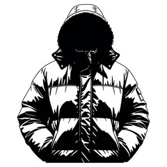 Mysterious person wearing a heavy winter parka with a large fur trimmed hood stands in this black and white artistic graphic style image that captures a cool and urban fashion aesthetic. © VECTOR