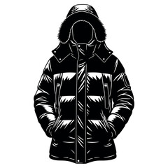 Detailed black and white illustration of a warm winter parka jacket with a thick fur hood trim designed for extreme cold weather conditions presented in a clean minimalist graphic style. © VECTOR