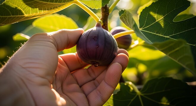 Hand holding a fresh fig on the tree
