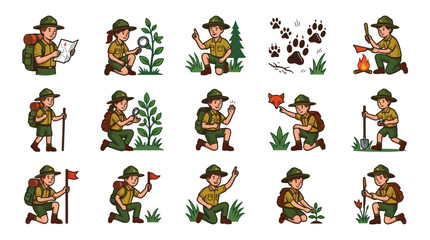 Obraz premium Cute Scout Camping Icons Set: Nature, Adventure, Exploration, Outdoor Activities