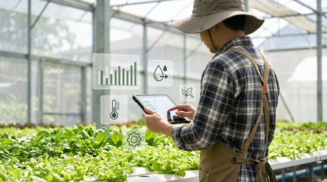 Farmer using tablet with smart agriculture interface in greenhouse, monitoring plant growth and environmental data with digital overlay icons