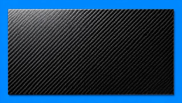 Black carbon fiber panel with diagonal weave pattern texture on blue background