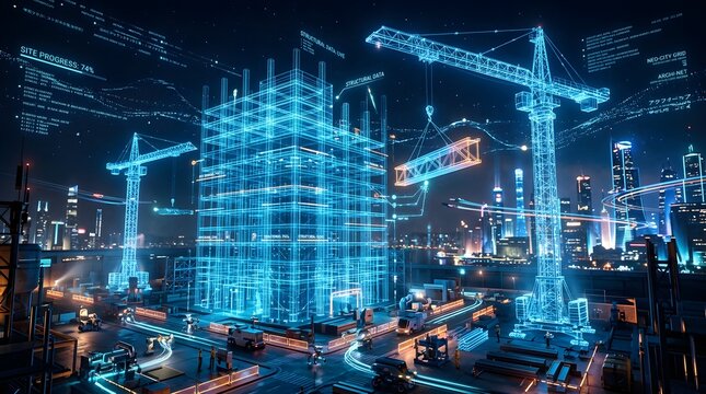 Futuristic Digital Construction Site with Holographic Building Model and Smart City Skyline at Night &ndash; Technology in Engineering Concept