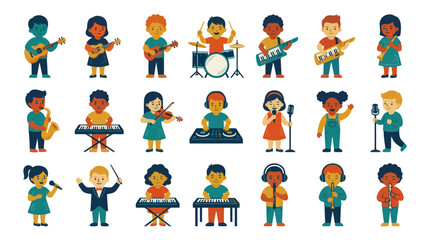 Fototapeta premium Flat Illustration of Diverse Kids Playing Musical Instruments and Singing in a Children's Music Education Concept