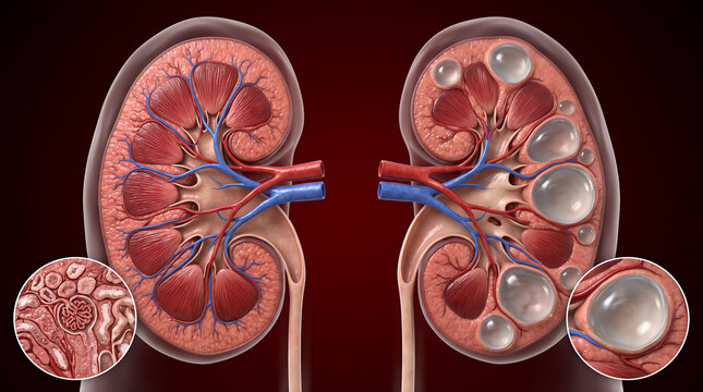 Medical illustration comparing a healthy human kidney with a polycystic kidney showing fluid-filled cysts