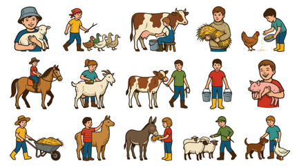 Fototapeta premium Colorful Cartoon Farming Life and Farm Animal Vector Set with Children and Farmers
