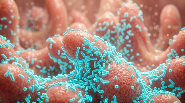 Close-up of beneficial microorganisms and gut bacteria colonizing human intestinal lining for health.