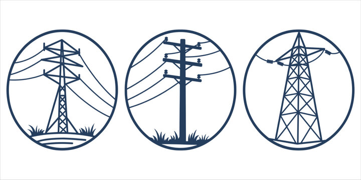 Three different types of electricity pylons and poles in circles with grass Keywords: electricity, power, pylon, pole