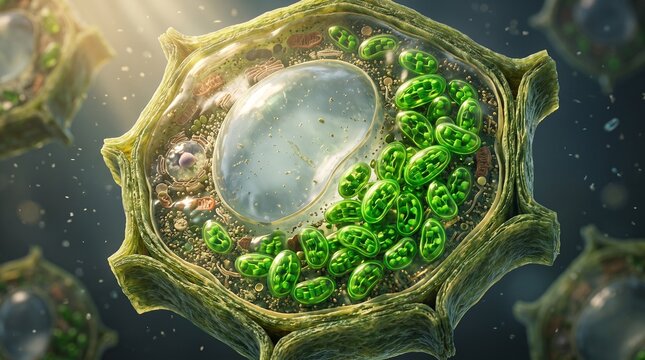 Detailed 3D Plant Cell Structure with Chloroplasts and Nucleus Performing Photosynthesis.