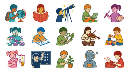 Fototapeta premium Children learning different skills, subjects and hobbies, flat vector illustration
