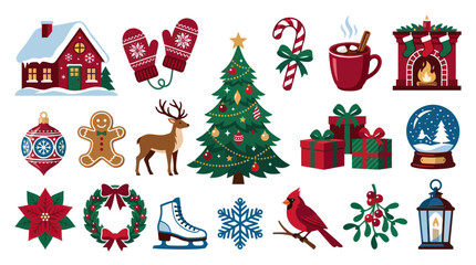 Fototapeta premium Flat Vector Christmas and Winter Holiday Icons Set. Festive Cartoon Elements Collection for New Year Season.