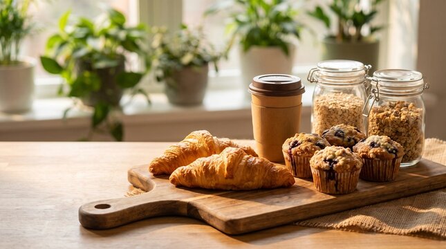 Cozy breakfast setup with fresh croissants blueberry muffins coffee cup and granola jars on wooden table