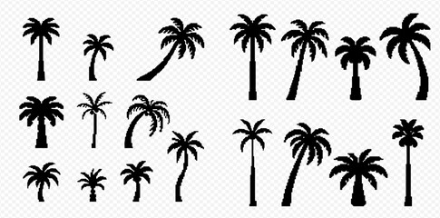 Collection of various palm tree silhouettes, perfect for tropical designs and summer themes. © Adji