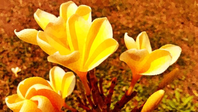 Artistic digital illustration of vibrant yellow frangipani flowers in bloom, featuring a textured mosaic and stylized oil painting brush stroke effect.