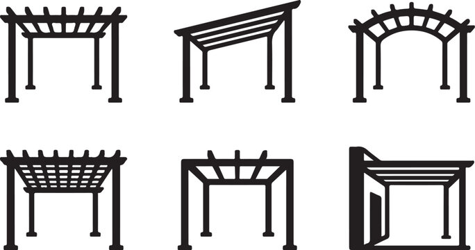 Six different traditional wooden pergola and arbor designs in black and white Vector