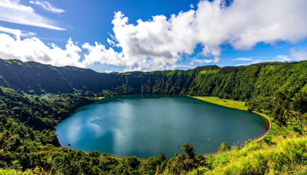 Beautiful crater lake surrounded by green mountains