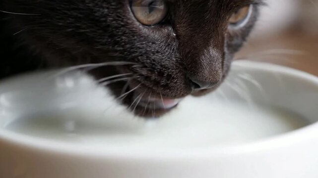 Close-up of Black Cat Drinking Milk from Bowl.