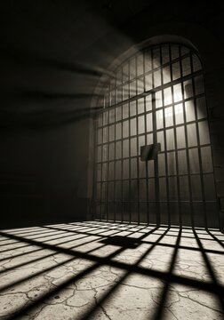 Cinematic View of a Dark Prison Cell with Sunlight Beaming Through Iron Bars Casting Shadows on a Cracked Stone Floor