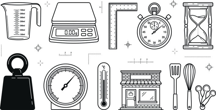 Kitchen measuring tools icons set with digital scale beaker stopwatch hourglass thermometer spatula linear vector outline illustration background