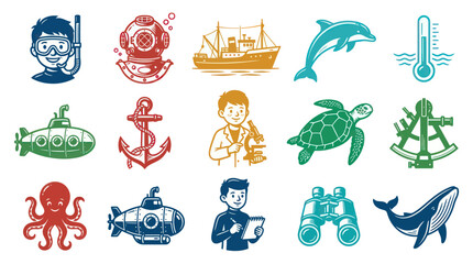 Fototapeta premium Marine Science Vector Icons: Scuba Diver, Ship, Dolphin, Turtle, Whale, Binoculars