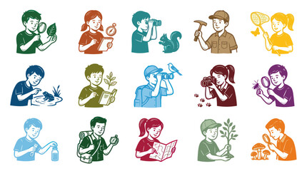 Obraz premium Children Exploring Nature with Magnifying Glass, Binoculars, and Butterfly Net