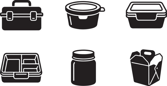 Six black and white storage containers and lunch boxes icon set Vector