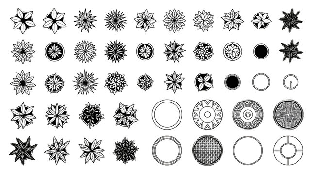 Top View Potted Plant and Round Rug 2D CAD Floor Plan Vector Symbol Set Isolated on White Background