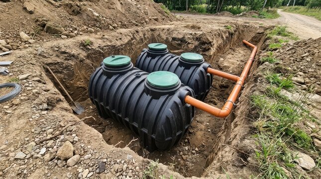 Installation of plastic septic tanks in a trench for a sewage system