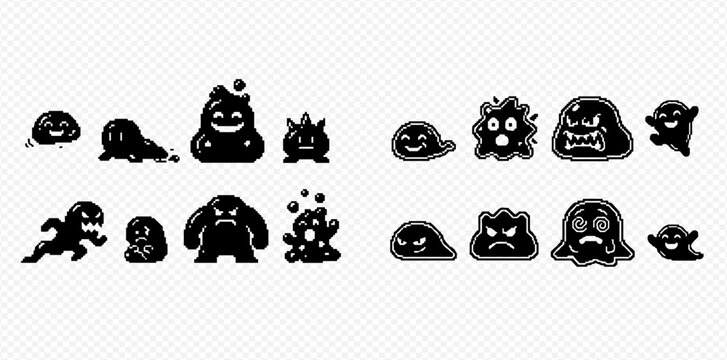 Set of black pixel art slime monsters with various expressions and shapes, isolated on a transparent background, for game design or digital art.