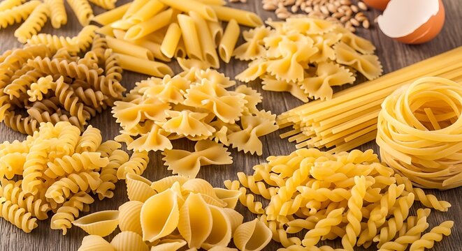 Variety of uncooked pasta on wooden surface
