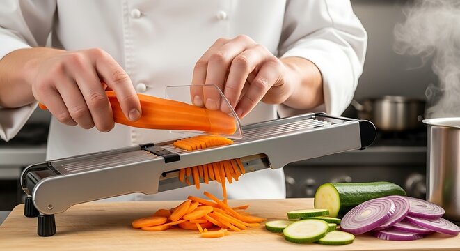 Chef slicing carrot with mandoline in kitchen