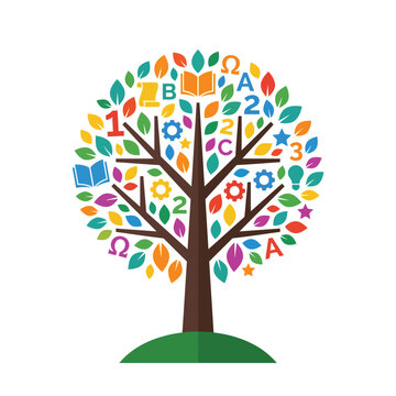 Colorful tree of knowledge with alphabet letters, numbers, shapes, and books, symbolizing education and learning