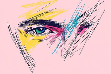 Fototapeta premium Abstract portrait with vibrant eyes and colorful artistic strokes on a pastel background