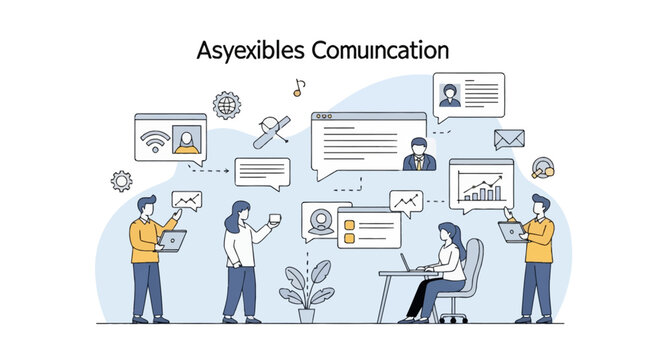 Illustration of professionals collaborating via asynchronous communication tools, featuring men and women with laptops and tablets surrounded by chat bubbles, data graphs, and network icons.