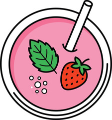 Pink Strawberry Smoothie with Mint Leaf and Straw in a Cup, Healthy Summer Drink Illustration © SAIF820
