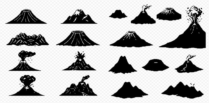 Set of various volcano silhouettes, including active eruptions, dormant mountains, and craters, isolated on a transparent background.