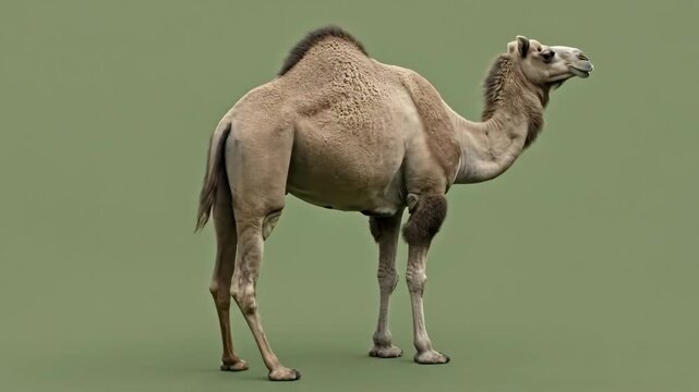 A detailed rear view of a majestic dromedary camel isolated on green background