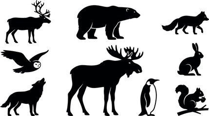 Fototapeta premium Vector illustration depicting winter animals in a snowy forest setting with trees and wildlife.