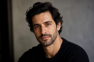 Fototapeta premium Dark curls frame a man's thoughtful gaze. Stubble-lined face shows quiet intensity. He wears a simple black top, standing against a muted wall. Soft lighting highlights his features, creating depth