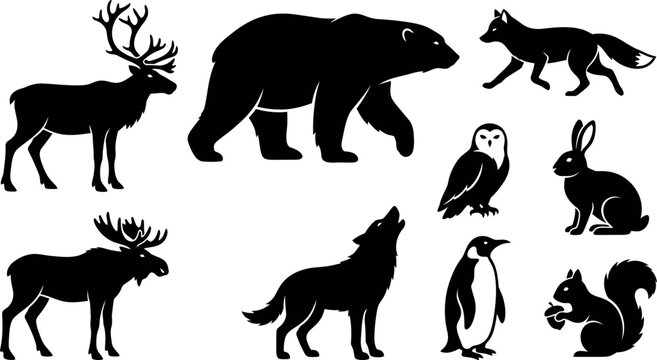 Vector illustration of different animals in a winter setting with a clean, silhouette design.
