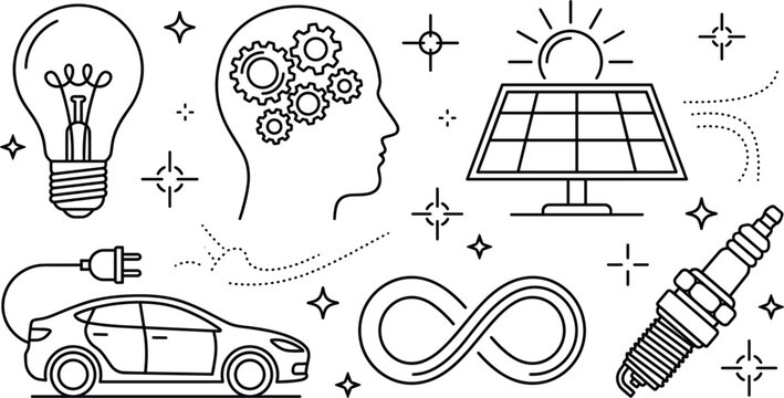 Renewable energy electric car solar panel light bulb brain gears infinity and spark plug line art vector icons