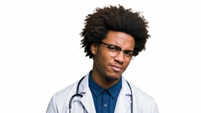 A young african american doctor wearing a white coat making a pained face